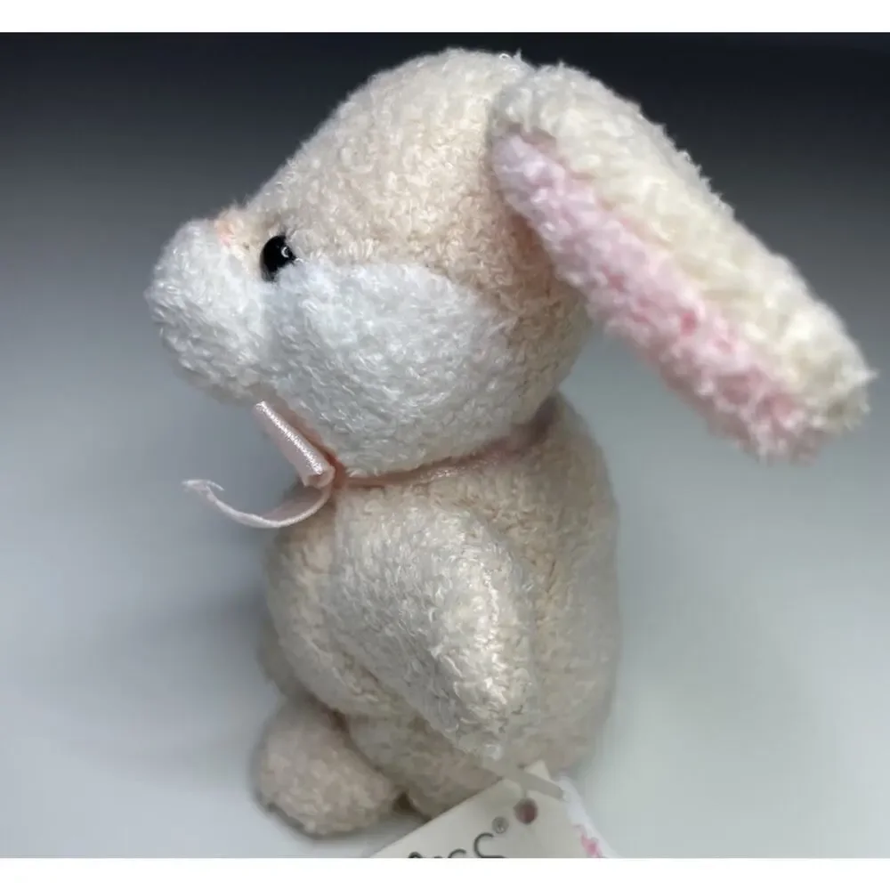 Vintage Russ Puffs Baby Bunny Plush 3” Mini Cream Pink Bow Beanie 20050 NWT